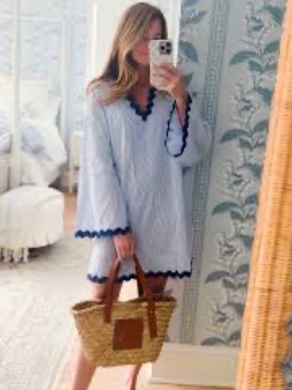 Light Blue Striped Tunic Dress with Navy Trims swim cover